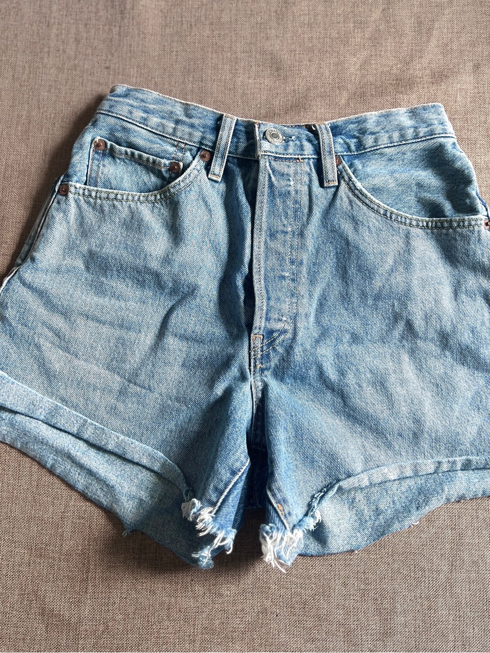 Re/Done Washed Light Blue High-Rise Denim Shorts